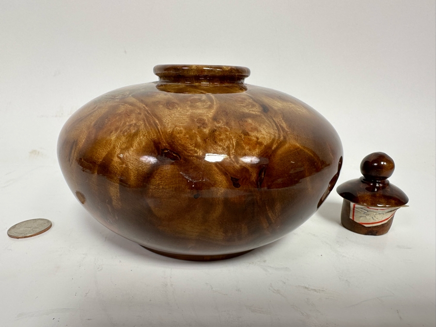 Beautiful Chinese Burled Wood Turned Urn Pot With Lid Art Piece 5.5W X 5H [Photo 9]