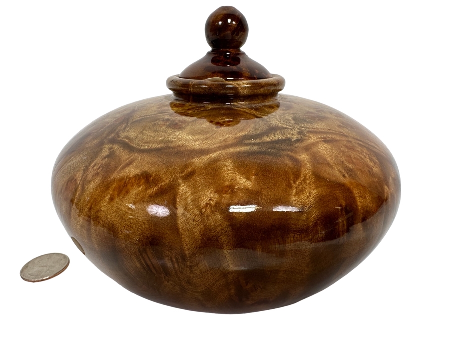 Beautiful Chinese Burled Wood Turned Urn Pot With Lid Art Piece 5.5W X 5H [Photo 1]