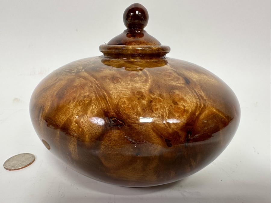 Beautiful Chinese Burled Wood Turned Urn Pot With Lid Art Piece 5.5W X 5H [Photo 6]