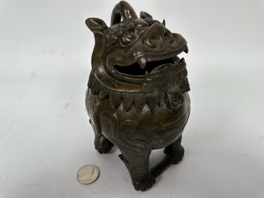Vintage Chinese Bronze Foo Dog Incense Burner Censer 4W X 3.5D X 6.5H [Photo 3]