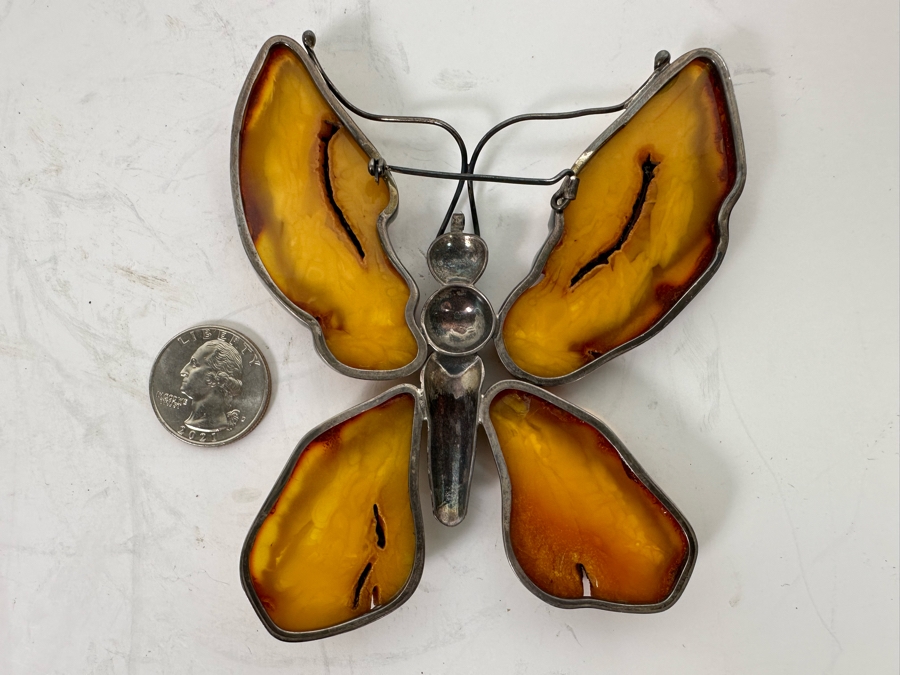 Large Butterscotch Amber Butterfly Brooch Pin 67g [Photo 6]