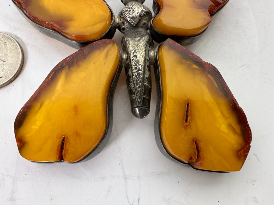 Large Butterscotch Amber Butterfly Brooch Pin 67g [Photo 5]