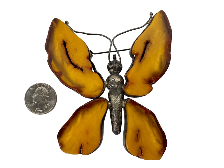 Large Butterscotch Amber Butterfly Brooch Pin 67g