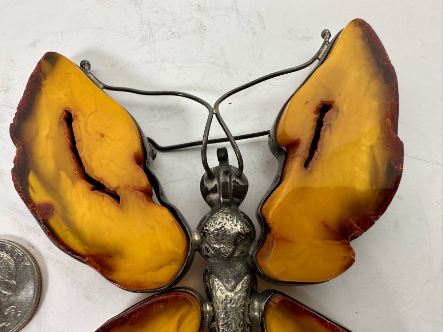 Large Butterscotch Amber Butterfly Brooch Pin 67g [Photo 4]