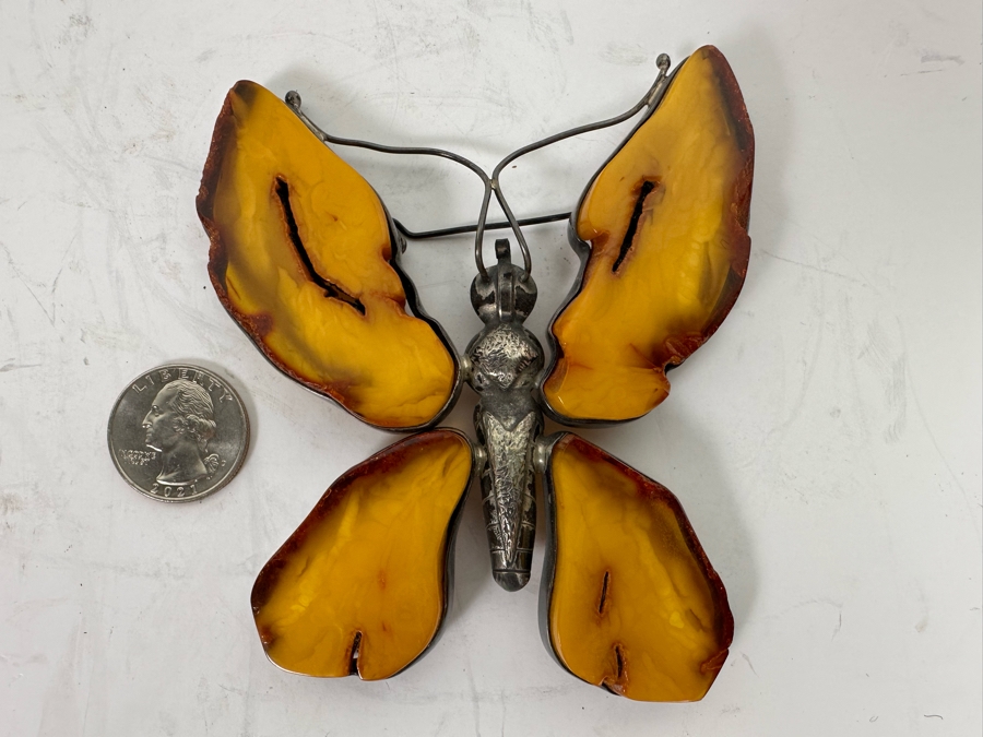 Large Butterscotch Amber Butterfly Brooch Pin 67g [Photo 2]