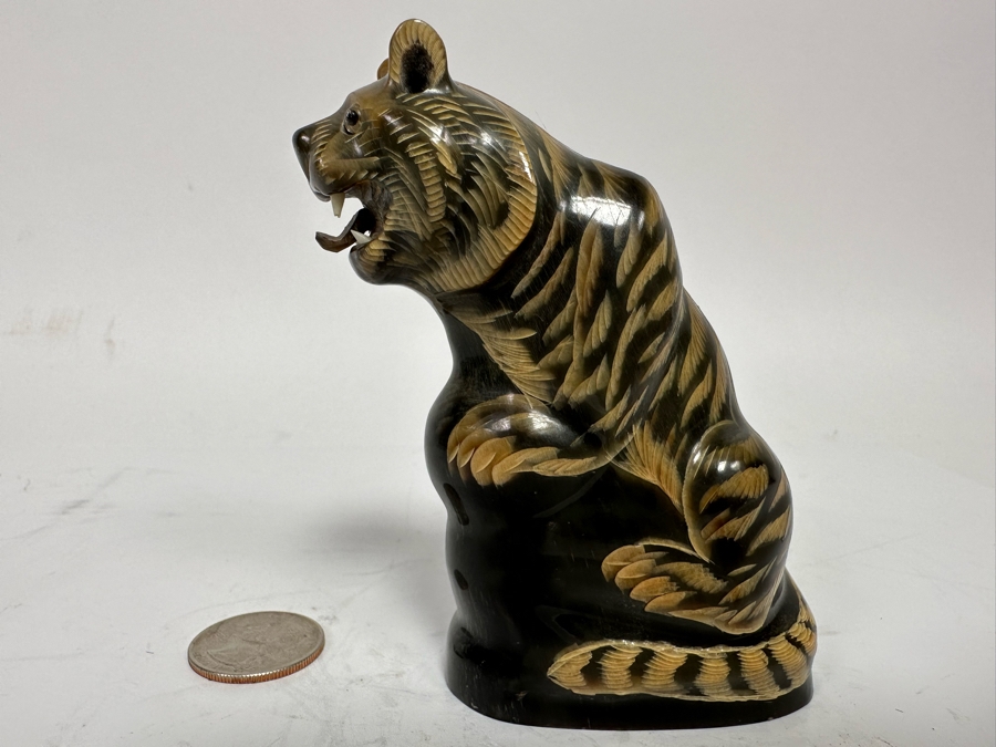 Vintage Hand Carved Horn In Form Of Tiger From Thailand 4H [Photo 7]