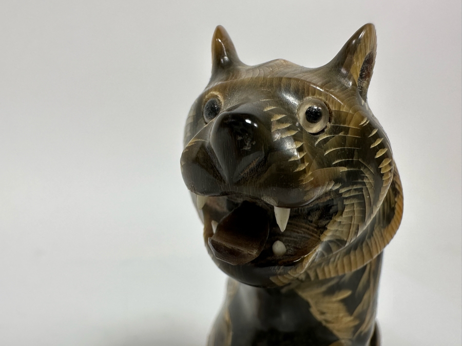 Vintage Hand Carved Horn In Form Of Tiger From Thailand 4H [Photo 8]