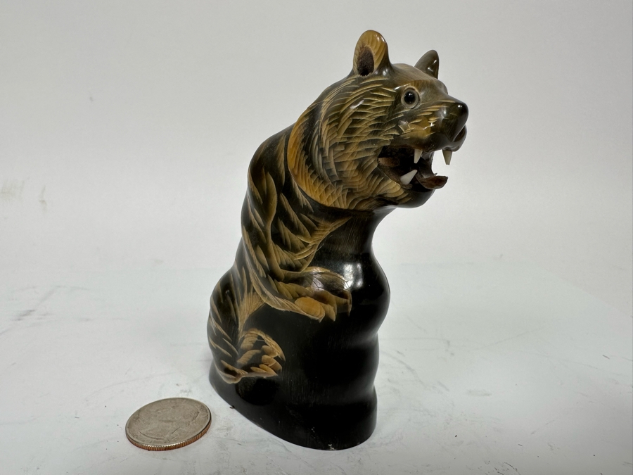 Vintage Hand Carved Horn In Form Of Tiger From Thailand 4H [Photo 4]