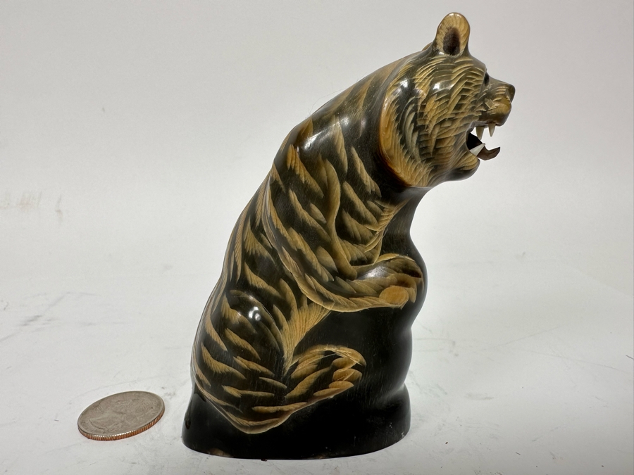 Vintage Hand Carved Horn In Form Of Tiger From Thailand 4H [Photo 5]