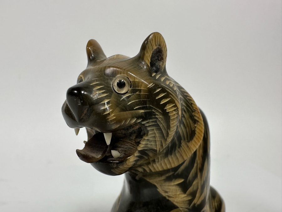 Vintage Hand Carved Horn In Form Of Tiger From Thailand 4H [Photo 9]