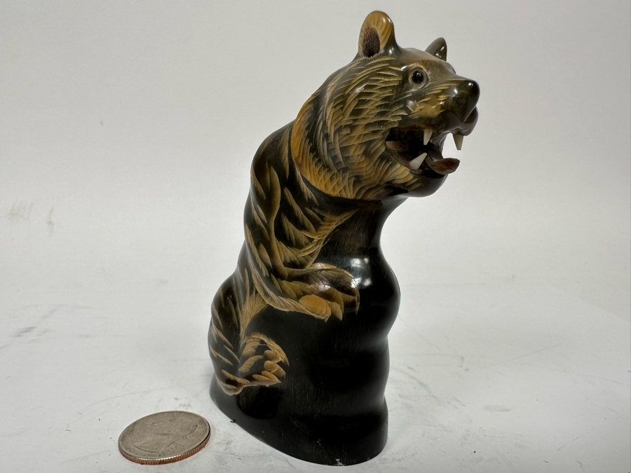 Vintage Hand Carved Horn In Form Of Tiger From Thailand 4H [Photo 3]