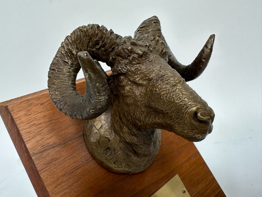Paul Crites Limited Edition Bronze Sculpture Of Big Horn Sheep Mounted On Wooden Plaque Numbered 20/37 3.5W X 3D X 3H [Photo 7]