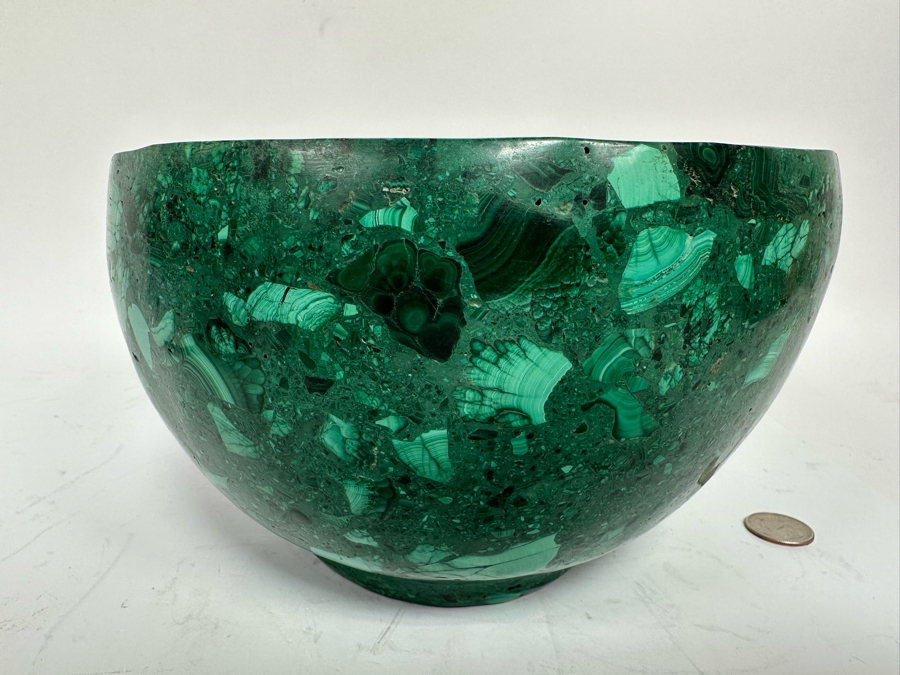Stunning Malachite Turned Footed Bowl, Heavy 8.5R X 5.25H [Photo 6]
