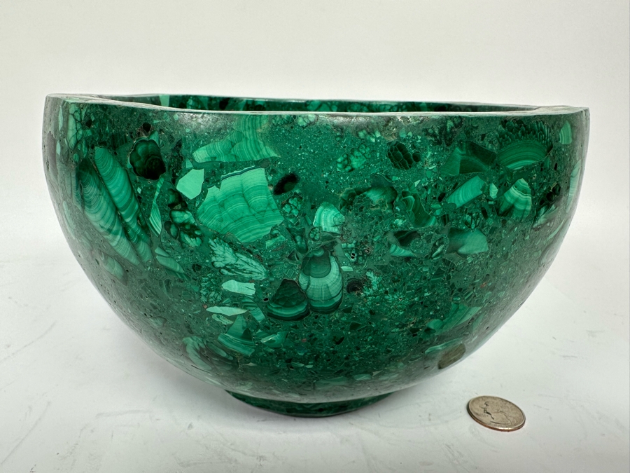 Stunning Malachite Turned Footed Bowl, Heavy 8.5R X 5.25H [Photo 3]