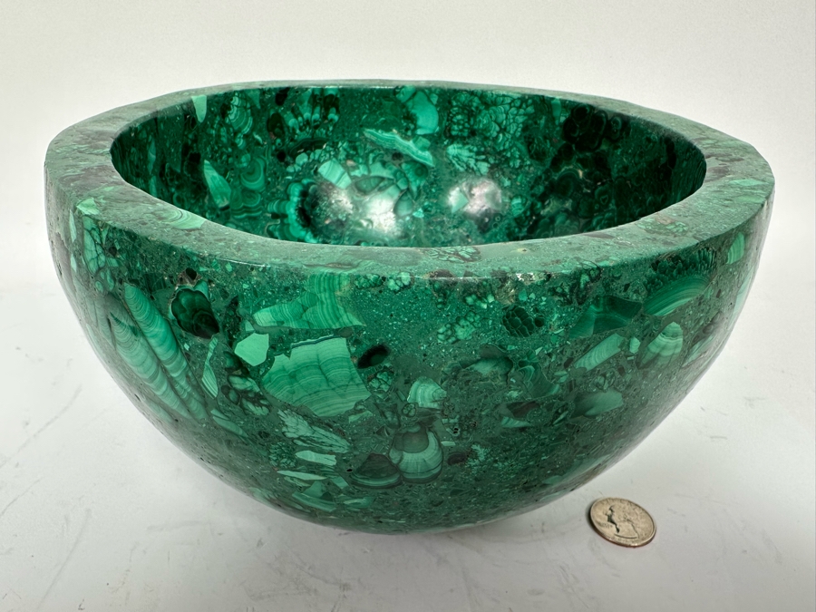 Stunning Malachite Turned Footed Bowl, Heavy 8.5R X 5.25H [Photo 2]