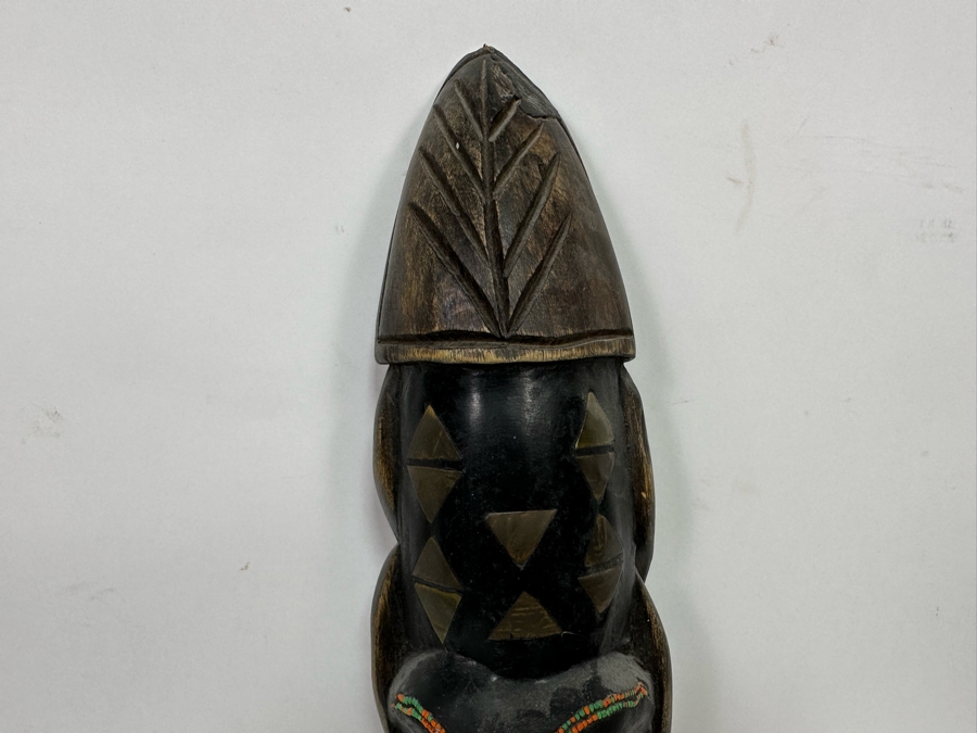 Vintage Handmade Wooden African Beaded Mask With Brass Ornamentation From Ghana 21H [Photo 7]