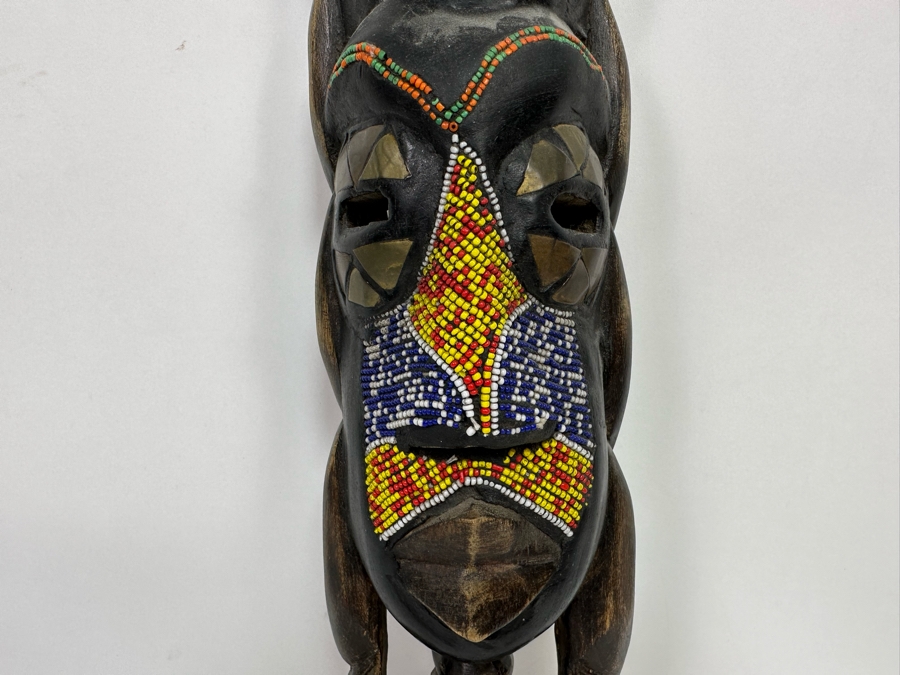 Vintage Handmade Wooden African Beaded Mask With Brass Ornamentation From Ghana 21H [Photo 4]