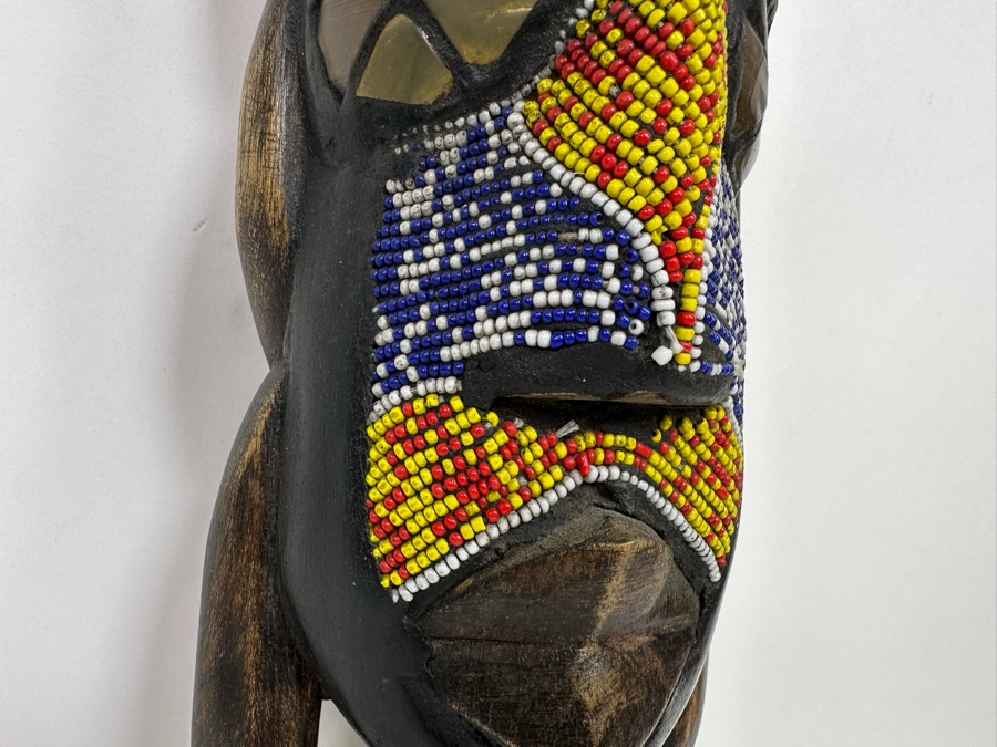 Vintage Handmade Wooden African Beaded Mask With Brass Ornamentation From Ghana 21H [Photo 5]