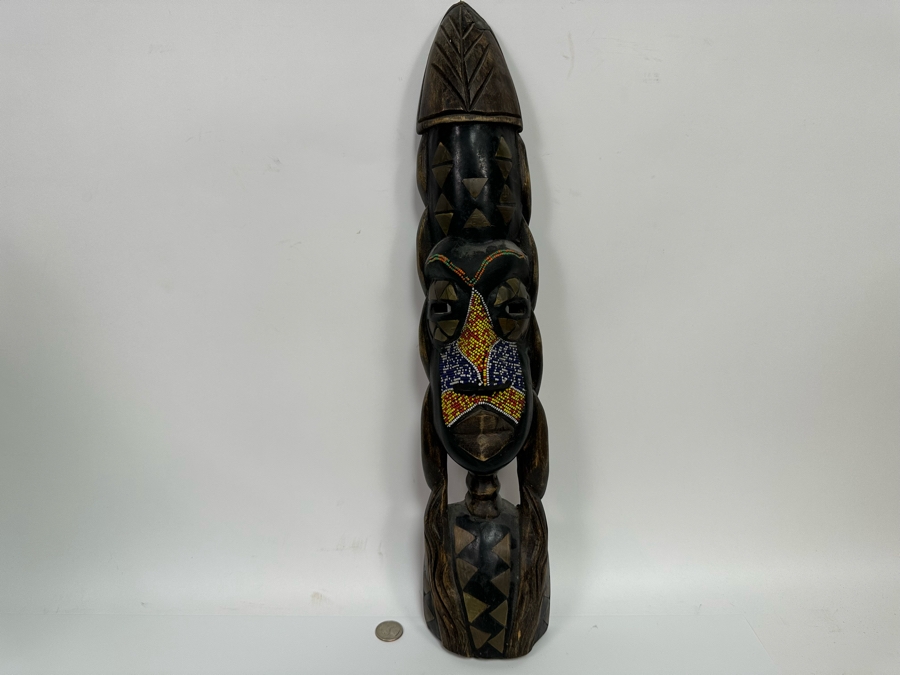 Vintage Handmade Wooden African Beaded Mask With Brass Ornamentation From Ghana 21H [Photo 3]