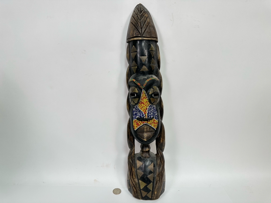Vintage Handmade Wooden African Beaded Mask With Brass Ornamentation From Ghana 21H [Photo 2]