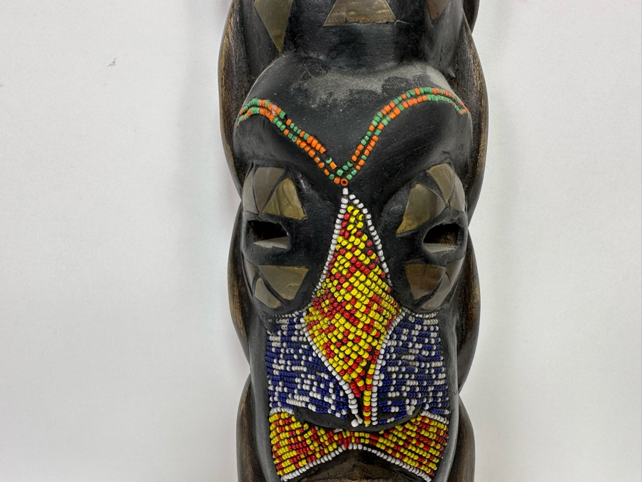 Vintage Handmade Wooden African Beaded Mask With Brass Ornamentation From Ghana 21H [Photo 6]