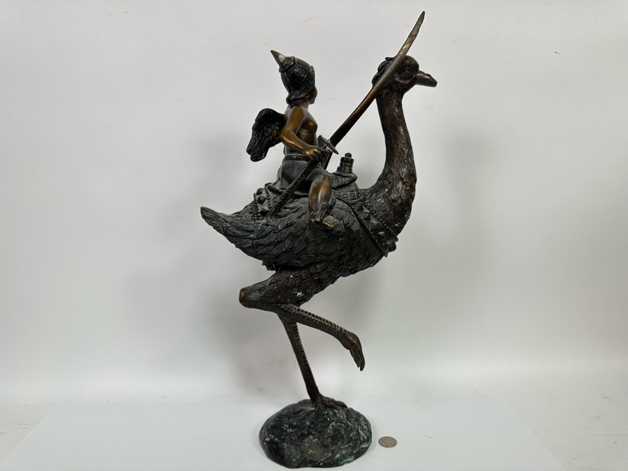 Unusual Bronze Sculpture Of Cherub Riding Ostrich 13W X 21.5H [Photo 12]