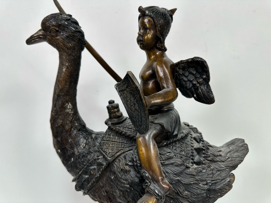 Unusual Bronze Sculpture Of Cherub Riding Ostrich 13W X 21.5H [Photo 9]