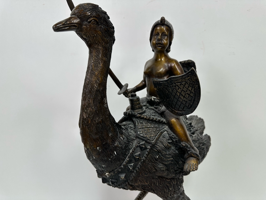 Unusual Bronze Sculpture Of Cherub Riding Ostrich 13W X 21.5H [Photo 4]