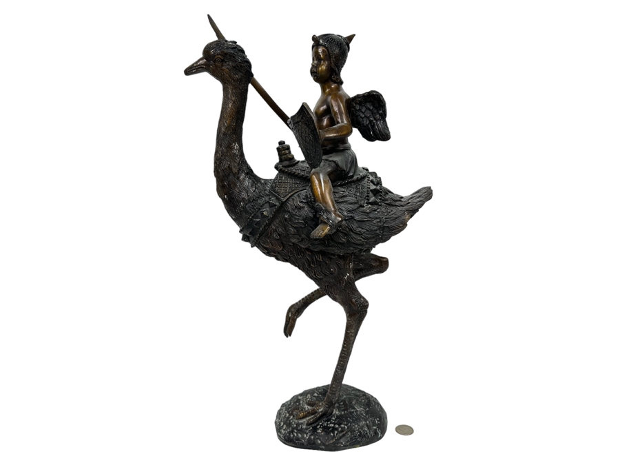 Unusual Bronze Sculpture Of Cherub Riding Ostrich 13W X 21.5H [Photo 1]