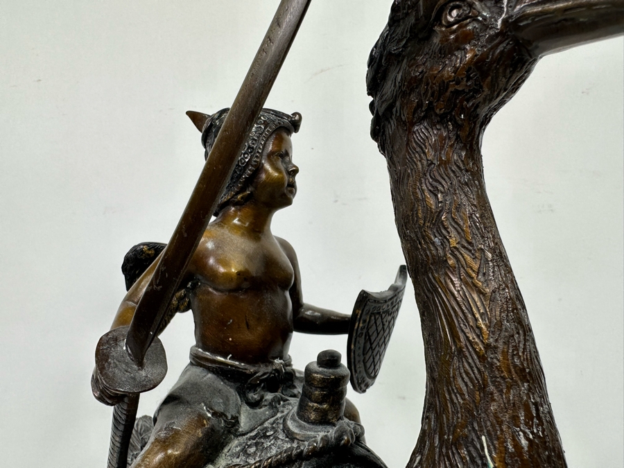 Unusual Bronze Sculpture Of Cherub Riding Ostrich 13W X 21.5H [Photo 14]