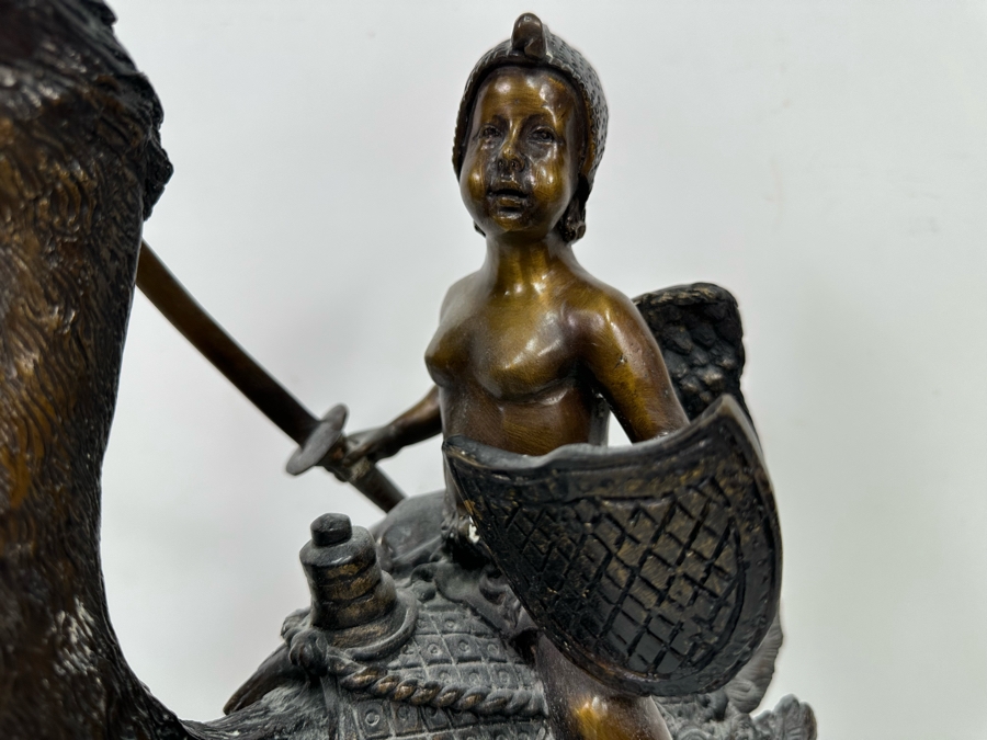Unusual Bronze Sculpture Of Cherub Riding Ostrich 13W X 21.5H [Photo 5]