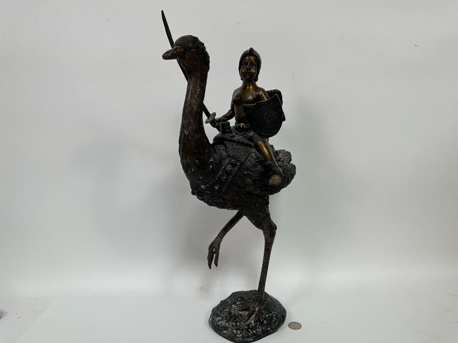 Unusual Bronze Sculpture Of Cherub Riding Ostrich 13W X 21.5H [Photo 3]