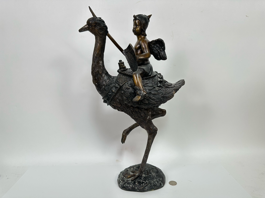 Unusual Bronze Sculpture Of Cherub Riding Ostrich 13W X 21.5H [Photo 8]