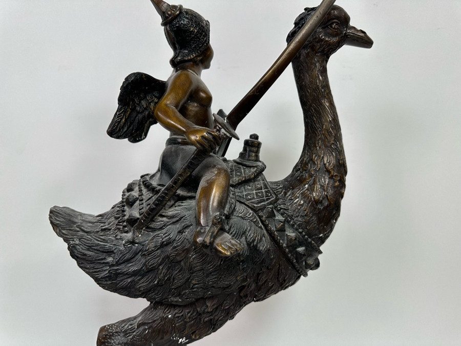 Unusual Bronze Sculpture Of Cherub Riding Ostrich 13W X 21.5H [Photo 13]