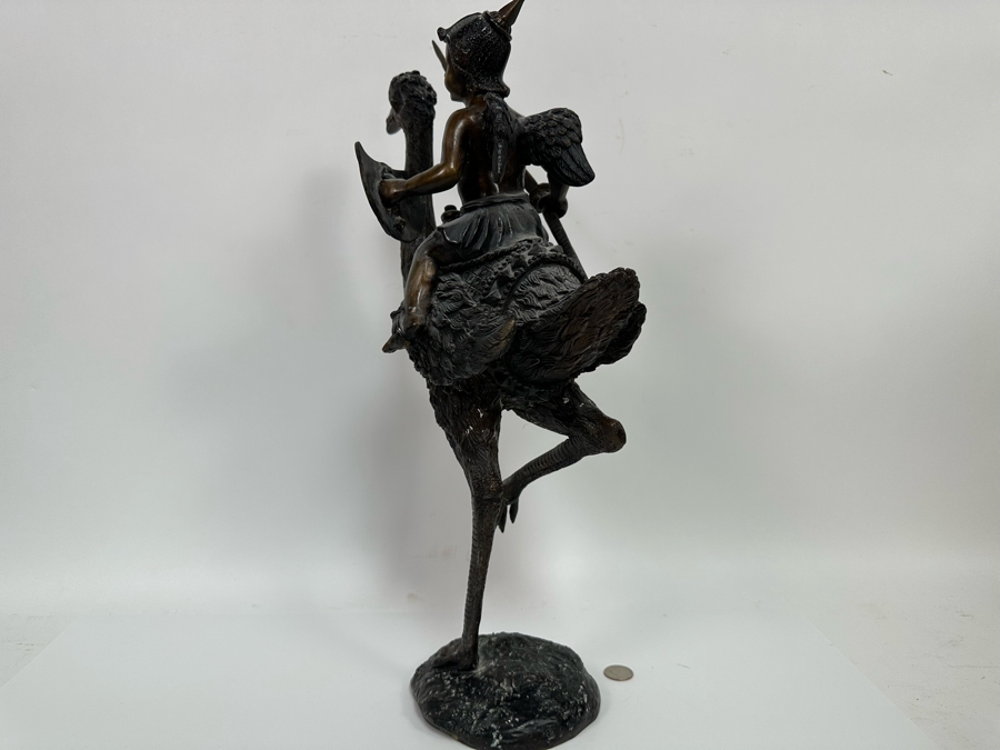 Unusual Bronze Sculpture Of Cherub Riding Ostrich 13W X 21.5H [Photo 10]