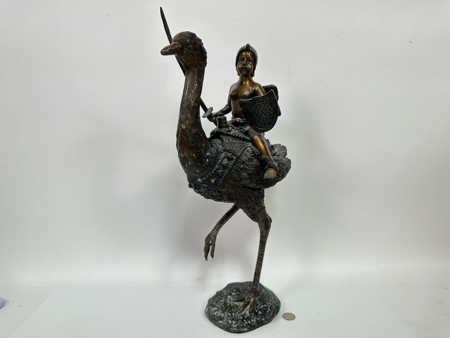 Unusual Bronze Sculpture Of Cherub Riding Ostrich 13W X 21.5H [Photo 2]