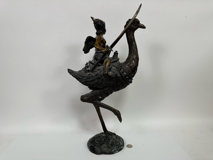 Unusual Bronze Sculpture Of Cherub Riding Ostrich 13W X 21.5H [Photo 11]