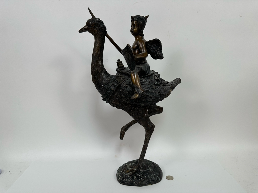 Unusual Bronze Sculpture Of Cherub Riding Ostrich 13W X 21.5H [Photo 7]