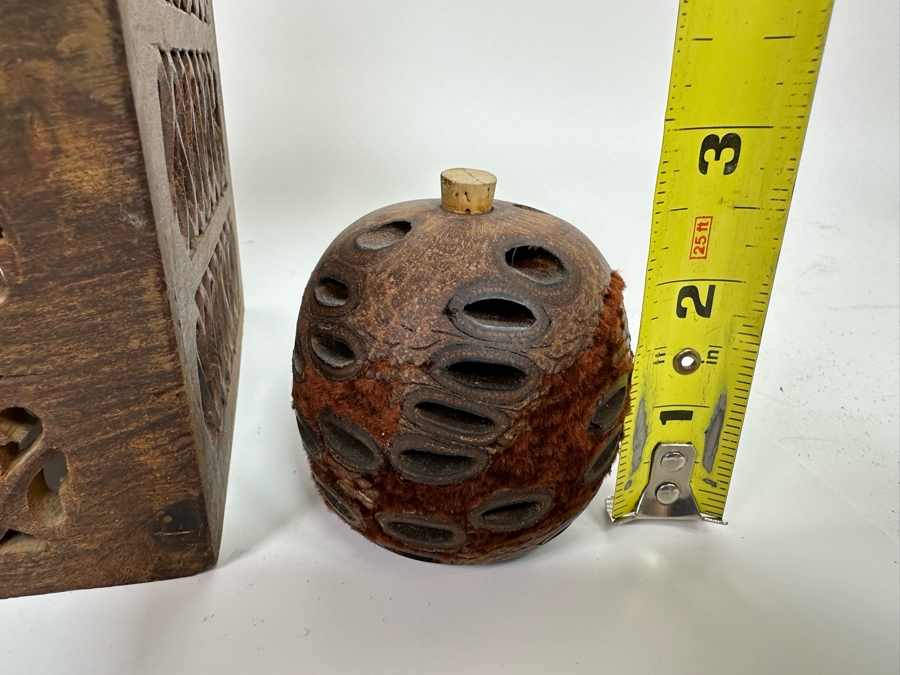 Carved Wooden Tissue Box Cover 6H And Pair Of Banksia Seed Pod Natural Diffusers 2.5H [Photo 6]