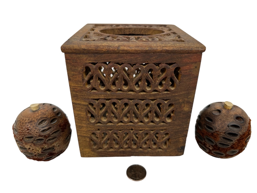 Carved Wooden Tissue Box Cover 6H And Pair Of Banksia Seed Pod Natural Diffusers 2.5H [Photo 1]