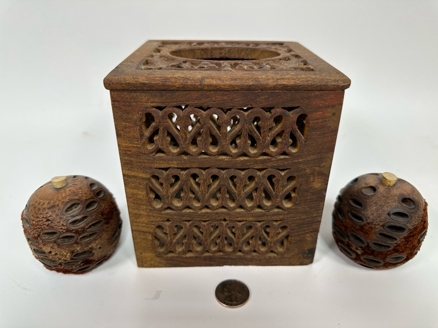 Carved Wooden Tissue Box Cover 6H And Pair Of Banksia Seed Pod Natural Diffusers 2.5H [Photo 2]