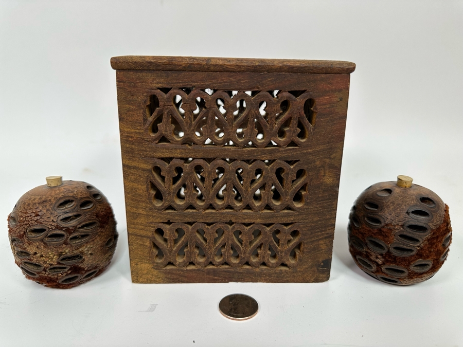 Carved Wooden Tissue Box Cover 6H And Pair Of Banksia Seed Pod Natural Diffusers 2.5H [Photo 3]