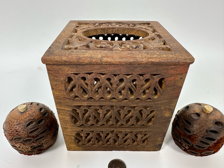 Carved Wooden Tissue Box Cover 6H And Pair Of Banksia Seed Pod Natural Diffusers 2.5H [Photo 5]