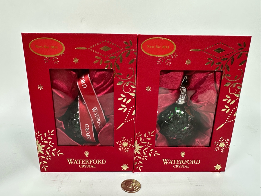 Pair Of Waterford Crystal 2014 Emerald Cased Ball Ornaments Made In Hungary With Boxes Retails $300 [Photo 3]