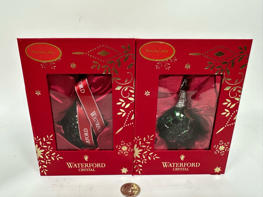 Pair Of Waterford Crystal 2014 Emerald Cased Ball Ornaments Made In Hungary With Boxes Retails $300 [Photo 2]