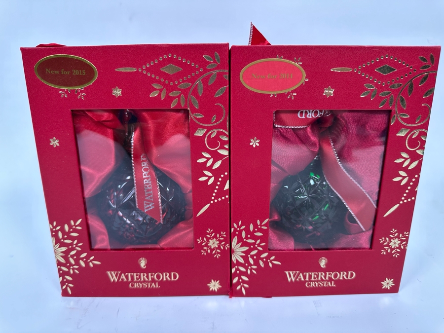 Pair Of Waterford Crystal 2014/2015 Emerald/Red Cased Ball Ornaments Made In Hungary With Boxes Retails $300 [Photo 2]