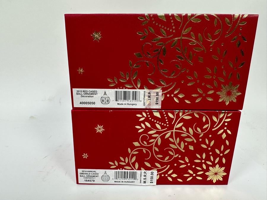 Pair Of Waterford Crystal 2014/2015 Emerald/Red Cased Ball Ornaments Made In Hungary With Boxes Retails $300 [Photo 4]