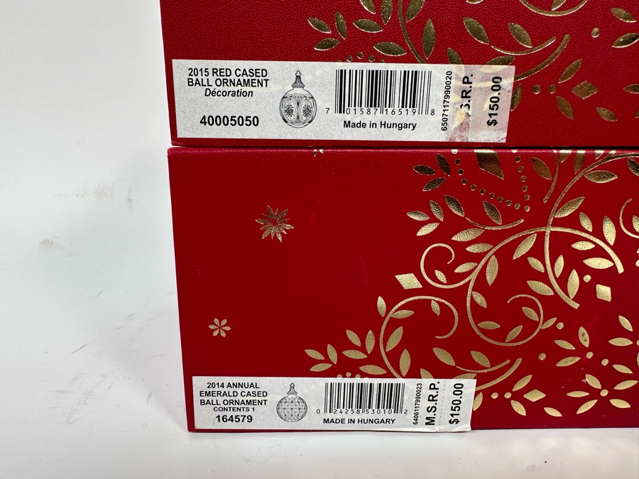 Pair Of Waterford Crystal 2014/2015 Emerald/Red Cased Ball Ornaments Made In Hungary With Boxes Retails $300 [Photo 5]