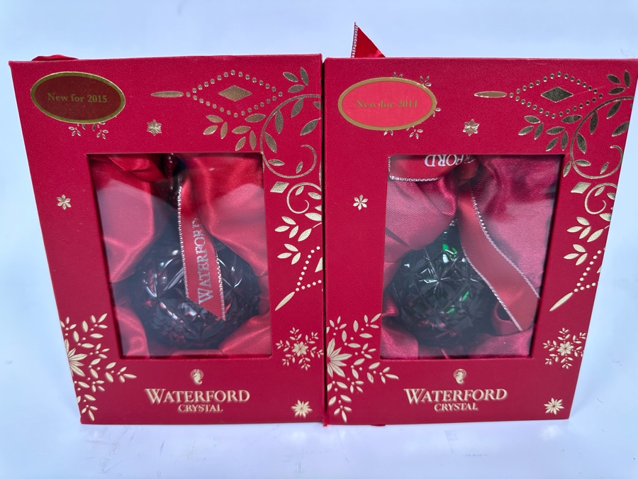 Pair Of Waterford Crystal 2014/2015 Emerald/Red Cased Ball Ornaments Made In Hungary With Boxes Retails $300 [Photo 3]