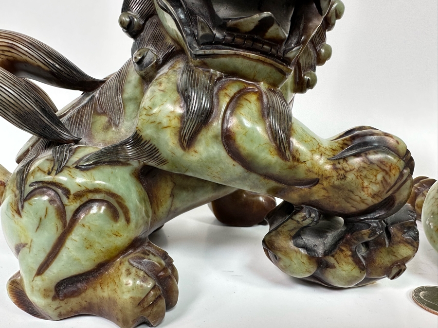 Pair Of Vintage Chinese Carved Jade Stone Foo Dogs Lions Each 8.5W X 6D X 8H [Photo 11]